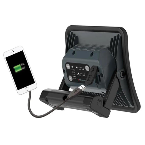 Back view of Rechargeable COB LED Floodlight Handheld Beast 2000 Lumen with USB power bank charging phone, black, compact design.