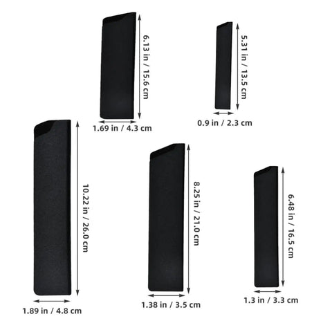 5 Piece Cutter Protective Covers Set With Flocking Lining showing various sizes, black compact ABS knife sheaths for safe storage.