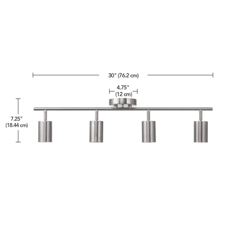 Dimensions of Pratt 4 Light Track Lighting Fixture in Brushed Nickel With Pivoting Heads, Minimalist Modern Spotlight Kit