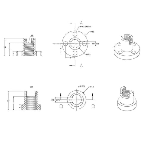 Technical diagram of Anti Backlash Nut for 8mm Acme Lead Screws 2mm Pitch T8 Style, brass and stainless steel, CNC and 3D printer parts.