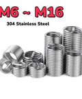 Fine Thread Repair Inserts For 304 Stainless Steel M6 To M16, beefed up thread reinforcement shown in assorted sizes.