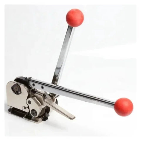 Heavy Duty Manual Metal Strapping Machine For 5/8 Inch And 3/4 Inch Steel Banding Tensioner Kit with red handles and metallic finish