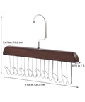 Solid Wooden Closet Organizer Dual Pack Featuring Eight Smooth Stainless Steel Hooks for scarves and ties, dimensions shown