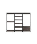 No-Fuss Heavy-Duty Modular Walk-In Closet Organizer Featuring Rustic Weathered Wood Panels, showcasing shelves and black metal frame.