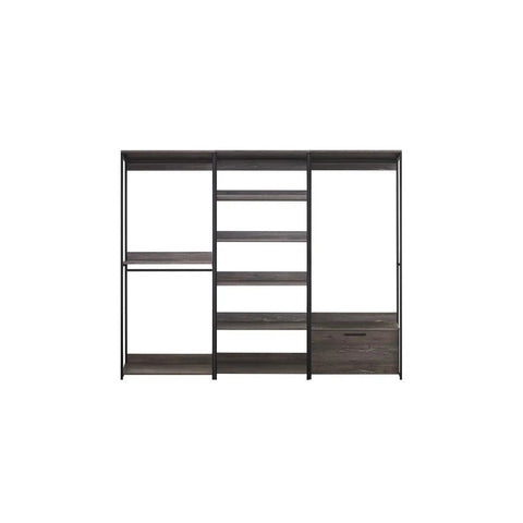 No-Fuss Heavy-Duty Modular Walk-In Closet Organizer Featuring Rustic Weathered Wood Panels, showcasing shelves and black metal frame.