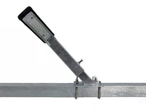 Installed bow rest catcher on galvanized boat trailer rail; adjustable steel post with marine rubber pad.