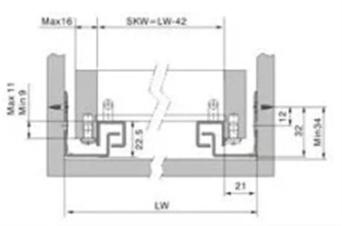 Diagram of Full Extension Drawer Slides Pair With Press-To-Release Push Open Under Mount Rails, 20 Inch Long, 500MM