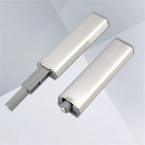Two pieces of Easy Install Magnetic Push Open Cabinet Door Latch Set In Stainless Steel For Auto Open And Close, product detail view.