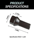 4 Piece M14 X 1.25 Wheel Lug Bolt Stud Kit, 48mm Overall Length, Conical Seat, OEM 36136781151 Auto Tire Nut Set displayed with dimensions