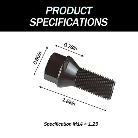 4 Piece M14 X 1.25 Wheel Lug Bolt Stud Kit, 48mm Overall Length, Conical Seat, OEM 36136781151 Auto Tire Nut Set displayed with dimensions