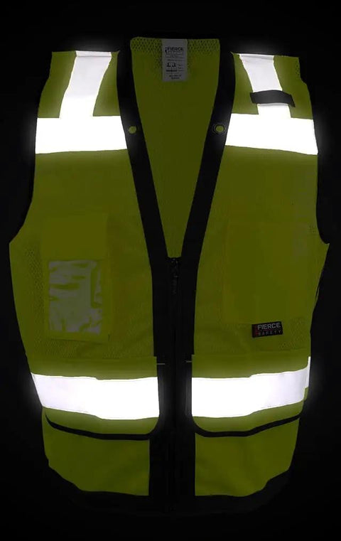 Heavy Duty Green Mesh Surveyors Vest With Loaded Tablet Pockets And Secure Id Sleeve Super Breathable Class Two Compliant Jobsite Safety Gear For Hardcore Seasoned Crews 3XL front view with reflective strips