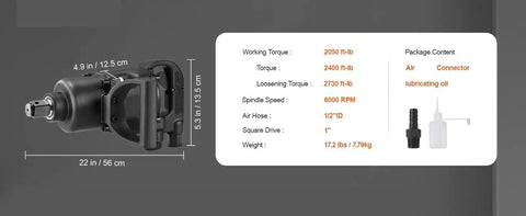 Rugged Pro-Level 1 Inch Pneumatic Impact Wrench with detailed specs display for 2730 Ft Lbs reverse torque and ergonomic design.