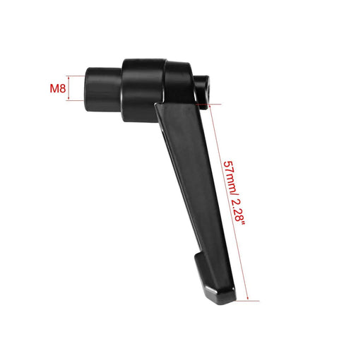 Hella Smooth M8 Clamping Lever With Push Button Ratcheting Action Female Threaded Stud Quick Adjust Toggle Handle No Fuss Heavy Steel Build Sweet Grip For Workshop Tasks, angled view showing 57mm length.