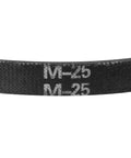 Close-up of Heavy Duty Drive V Belt For Industrial Power Transmission M-25 Pitch with M-25 marking, neoprene material.
