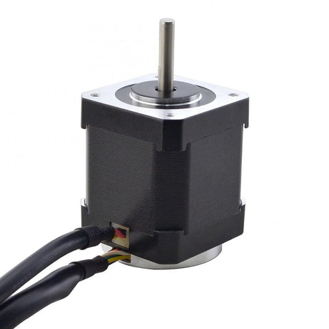 Stepperonline NEMA 17 closed-loop stepper motor with encoder, front view, black body and silver flange, cables.