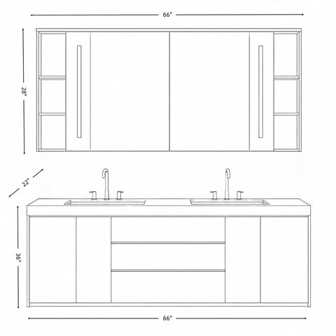 66 Inch Freestanding Double Sink Bathroom Vanity With Led Mirror And Textured Wood Finish design dimensions drawing