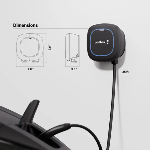 Level 2 Ev Charger 48 Amp Yields A Beefy 11.5 Kilowatts Of Crisp Home Charging Voltage With Built In Nacs Adapter For Teslas, black wallbox with dimensions.