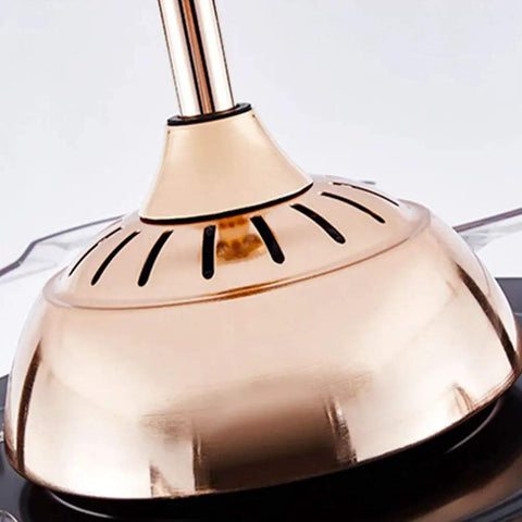 Close-up of Retractable Gold Ceiling Fan With Light And Invisible Blades, 42 Inch Crystal Chandelier LED Lamp, rod and base detail.
