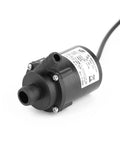 Close-up of a black 12V Micro Brushless Submersible Pump for fountains, pools, ponds and pet aquariums, showing inlet and outlet.