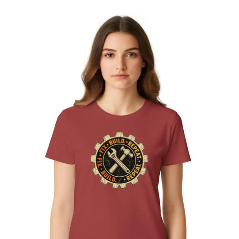 Mechanical Engineer T Shirt With Vintage Gear Badge Design For Garage Makers, Workshop Tinkerers and Hands On Problem Solving Guys Who Love Fix Build Repeat Project Days And Classic Geek Style Clothing Fits All Grown Up Pros, unisex fit, red color.