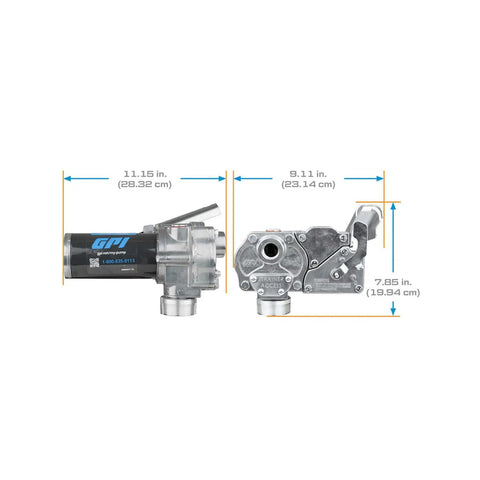 M-150 Series No Nonsense 12V Fuel Transfer Pump Kit With Manual Shutoff Unleaded Nozzle, 15 GPM, Includes Hose With Static Wire, Telescoping Suction Pipe, Tank Adapter, Fuse Assembly And Power Cord, side view with dimensions