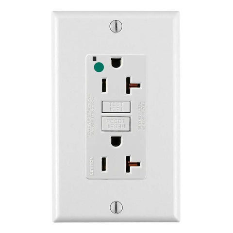 Front view of Extra Heavy Duty Hospital Grade Non Tamper Resistant Duplex GFCI Receptacle Self Test 20A 125V White.