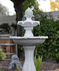 Tall White 44 Inch Fiberglass Resin Solar Water Fountain in garden with panel and auto shut off pump featuring two tier cascade