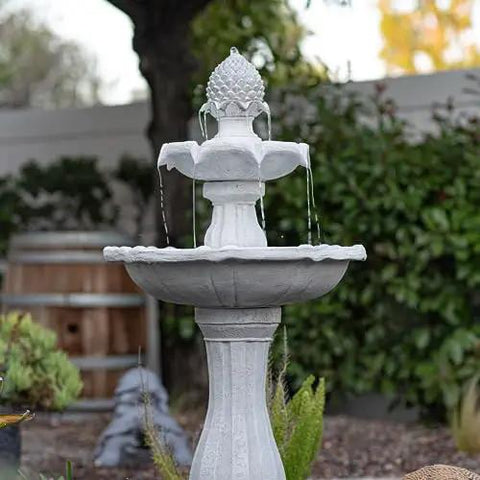 Tall White 44 Inch Fiberglass Resin Solar Water Fountain in garden with panel and auto shut off pump featuring two tier cascade
