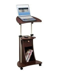 Brown Rolling Laptop Desk With Totally Smooth Gliding Caster Wheels Mobile Portable Computer Cart with drawer and space for magazines.