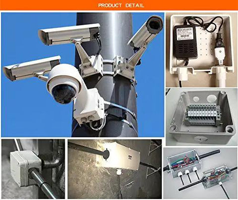 Built Tough IP65 Waterproof Junction Box Durable ABS Plastic Electrical Enclosure For DIY And Crew Favorite Jobs Heavy Duty Weather Proof Housing Light Gray Finish with cameras and wiring.