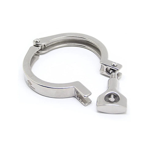 Close-up of stainless steel QMINOX 2.5-inch tri-clamp with wing-nut sanitary clamp
