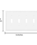Modern Edge Quad Toggle Wall Plate White For Switches And Outlets Durable Zinc Alloy Decor Cover Heavy Duty Easy Install 8.6 Inch Long By 4.9 Inch Wide shown with dimensions