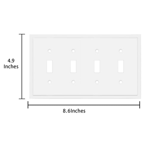 Modern Edge Quad Toggle Wall Plate White For Switches And Outlets Durable Zinc Alloy Decor Cover Heavy Duty Easy Install 8.6 Inch Long By 4.9 Inch Wide shown with dimensions