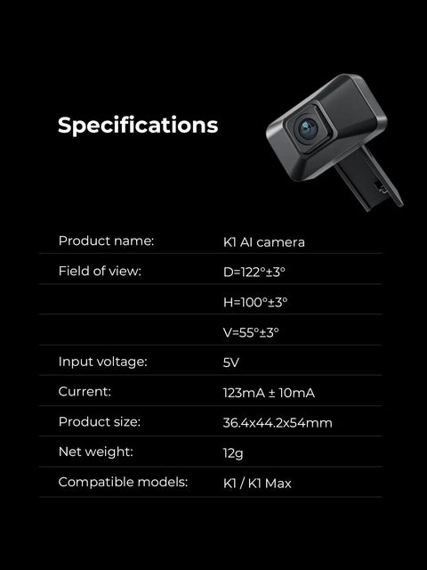 K1 AI Camera for 3D Printer 1080P HD Live Viewing AI Detection Time Lapse Filming Real Time Monitoring Pop Up Notifications Pro Grade Compatible With K1 MAX SE K1C shown with specifications