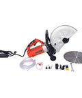 Heavy Duty 3000W Electric Concrete Saw Featuring Wet And Dry Cutting Modes With Water Line Hose and accessories.
