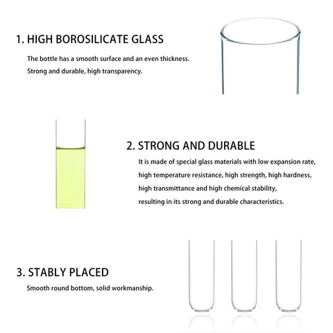 Borasilicate glass test tubes showing durability and transparency details with smooth round bottoms, text overlay highlights.