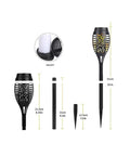 Solar Tiki Torch Lights Eight Piece Purple Outdoor Garden Decor With Realistic Flickering Flame For Halloween Parties And Christmas Backyard Vibe And Ambience Solar Powered Pathway Lighting set showing different parts and dimensions in centimeters and inches