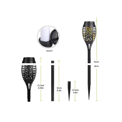Solar Tiki Torch Lights Eight Piece Purple Outdoor Garden Decor With Realistic Flickering Flame For Halloween Parties And Christmas Backyard Vibe And Ambience Solar Powered Pathway Lighting set showing different parts and dimensions in centimeters and inches