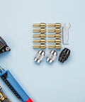 Copper Collet Chuck Set With Nut For Grinders And Drill Presses, 32 Piece Die Collet Kit on blue background