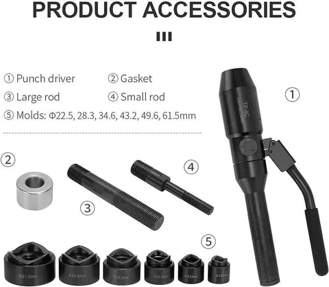 Portable Manual Hydraulic Hole Punch Kit With 6 Dies, 360 Degree Rotating Conduit Cutter, accessory parts layout