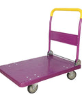 Heavy Duty Foldable Platform Cart With Self Balancing Frame And Glides Like Butter For Sweatless Warehouse Hauling And Driveway Moves Up To Six Hundred Sixty Pound Capacity in pink with yellow handle.