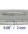 Stainless steel Fender flat washer, side view, 1 in OD, 3/8 in ID, 0.08 in thick.