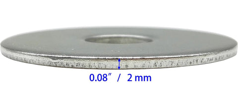 Stainless steel Fender flat washer, side view, 1 in OD, 3/8 in ID, 0.08 in thick.