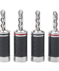 Top Shelf Banana Plugs Quad Pack With Secure Screw Lock Mechanism And Smooth Carbon Fiber Shell For Crisp Signal Transfer, close-up.