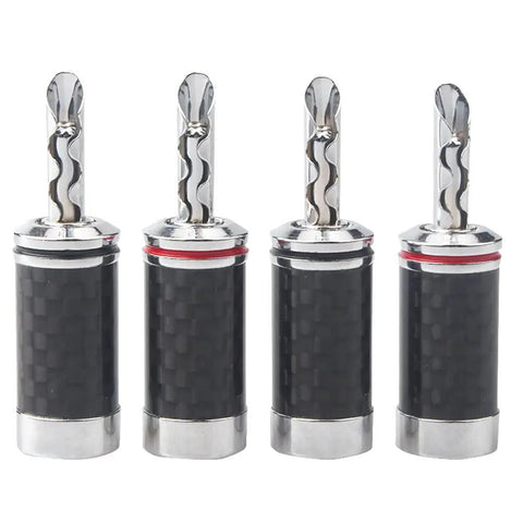 Top Shelf Banana Plugs Quad Pack With Secure Screw Lock Mechanism And Smooth Carbon Fiber Shell For Crisp Signal Transfer, close-up.