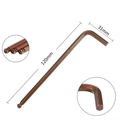 Top Notch Hex Key Wrench Set With Ball Head Ends Features Massive Range From Three To Fourteen Millimeters Perfect For Any Tough Bike, Car, Or Home Repair Job You Be Doing Without Breaking A Sweat Today. Brown 31mm hex key wrench with 120mm shaft and ball end close-up