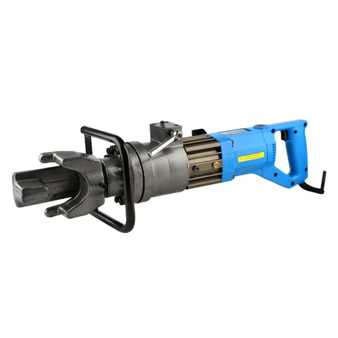 Portable electric hydraulic rebar cutter and bender machine with blue handle, designed for fast cutting and bending steel rods.
