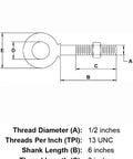 Diagram of Half Inch Galvanized Shoulder Eye Bolt For Heavy Duty Lifting, Anchoring, Hanging And Construction Projects, Six Inch Shank With Three Inch Thread Length, Inside Eye Width One Inch, Outside Eye Width One Point Seven Five Inches, 13 UNC Threads showing dimensions.