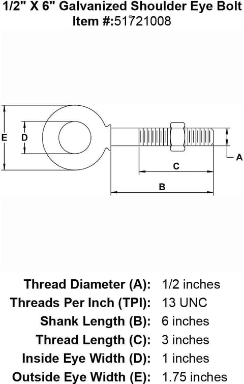 Diagram of Half Inch Galvanized Shoulder Eye Bolt For Heavy Duty Lifting, Anchoring, Hanging And Construction Projects, Six Inch Shank With Three Inch Thread Length, Inside Eye Width One Inch, Outside Eye Width One Point Seven Five Inches, 13 UNC Threads showing dimensions.