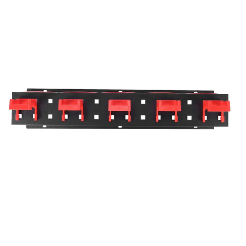 Heavy Metal Spray Bottle Storage Rack With Padded Hooks Rock Solid Garage Organizer with five red padded hooks against a black metal base.